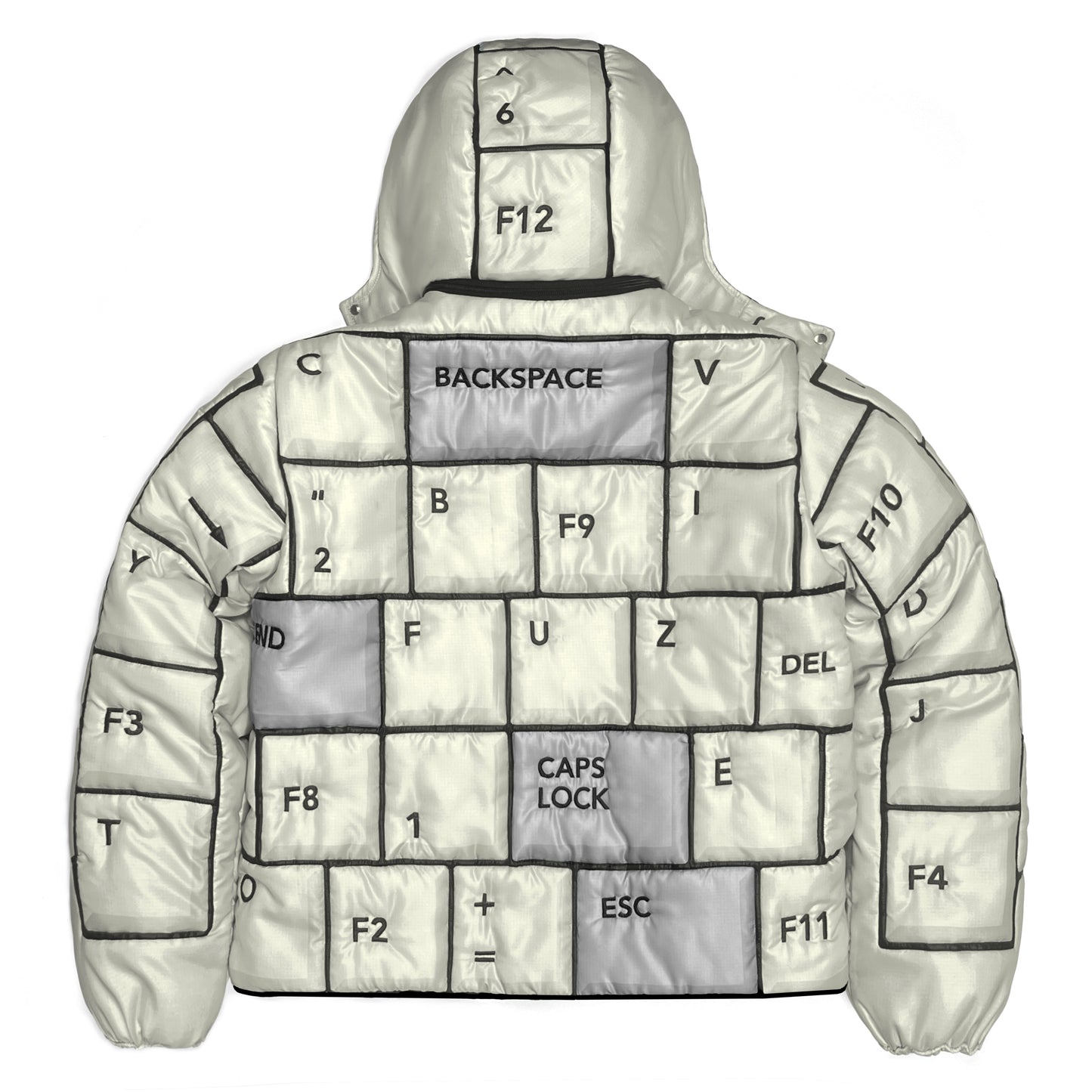 CREAM & GREY KEYBOARD HOODED PUFFER (LIGHTWEIGHT)