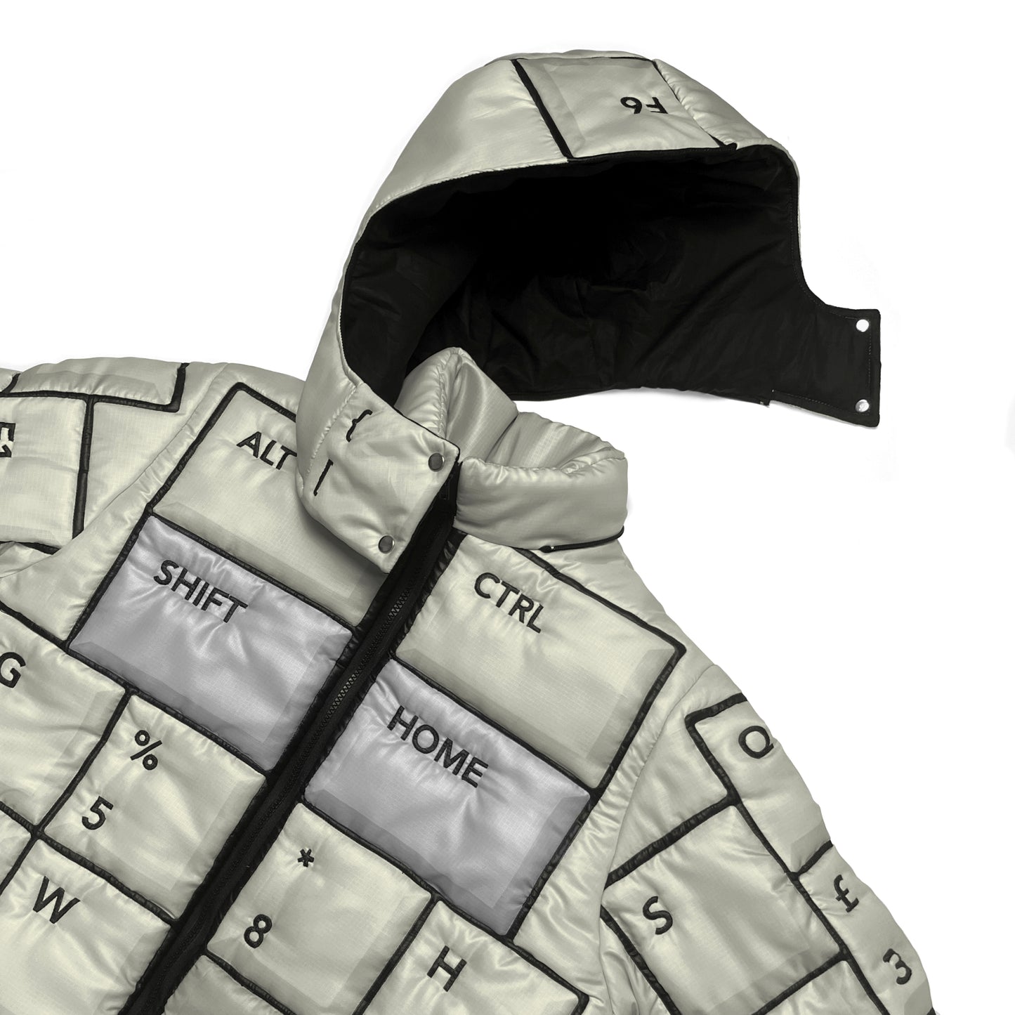 CREAM & GREY KEYBOARD HOODED PUFFER (LIGHTWEIGHT)