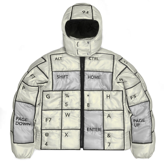 CREAM & GREY KEYBOARD HOODED PUFFER (LIGHTWEIGHT)